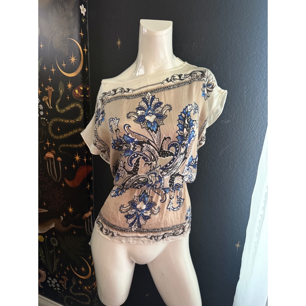 White House Black Market Silk Paisley Scarf Print Blouse Blue Beige XS - Picture 9 of 9